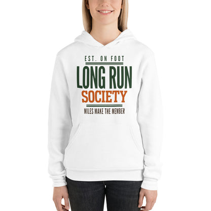 Long Run Society retro running hoodie — White, on model