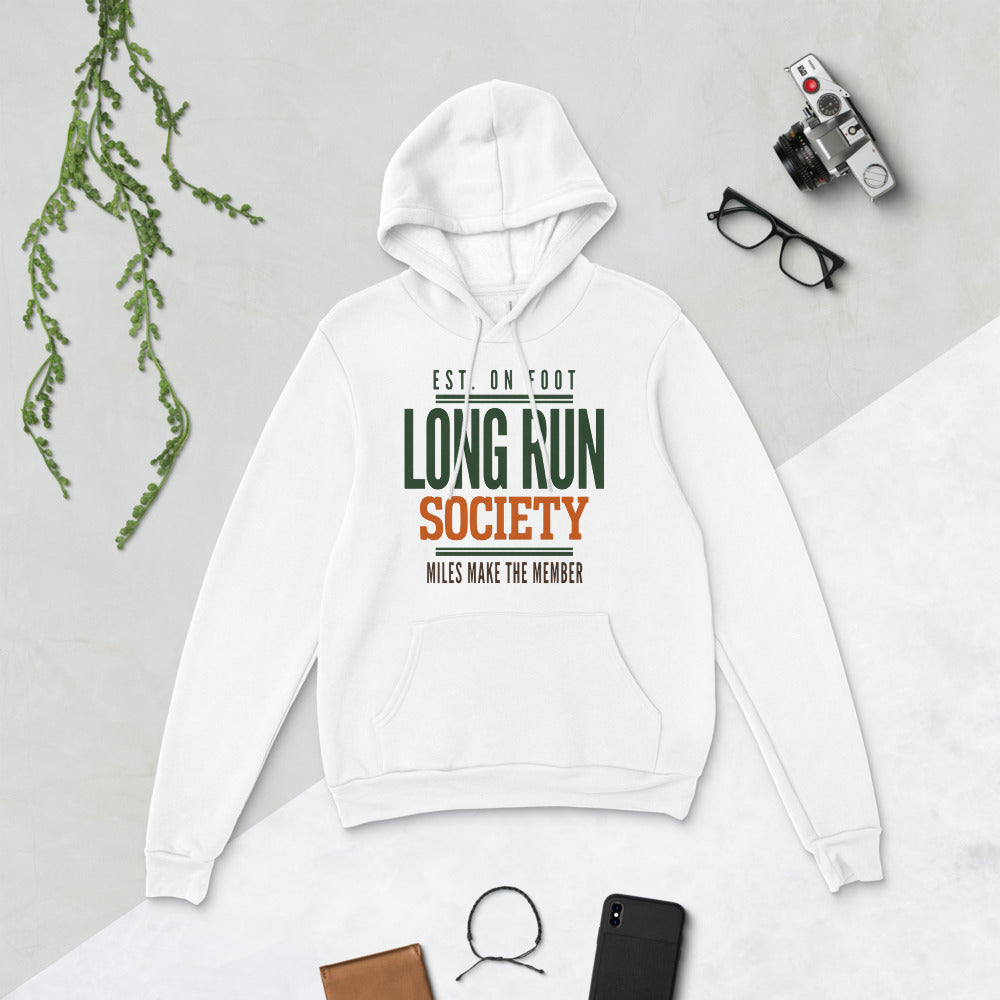 Long Run Society retro running hoodie — White, flat lay