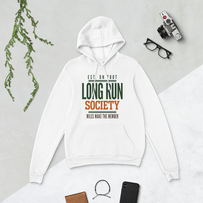 Long Run Society retro running hoodie — White, flat lay