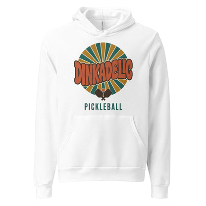 Dinkadelic retro 70s pickleball hoodie — White, front