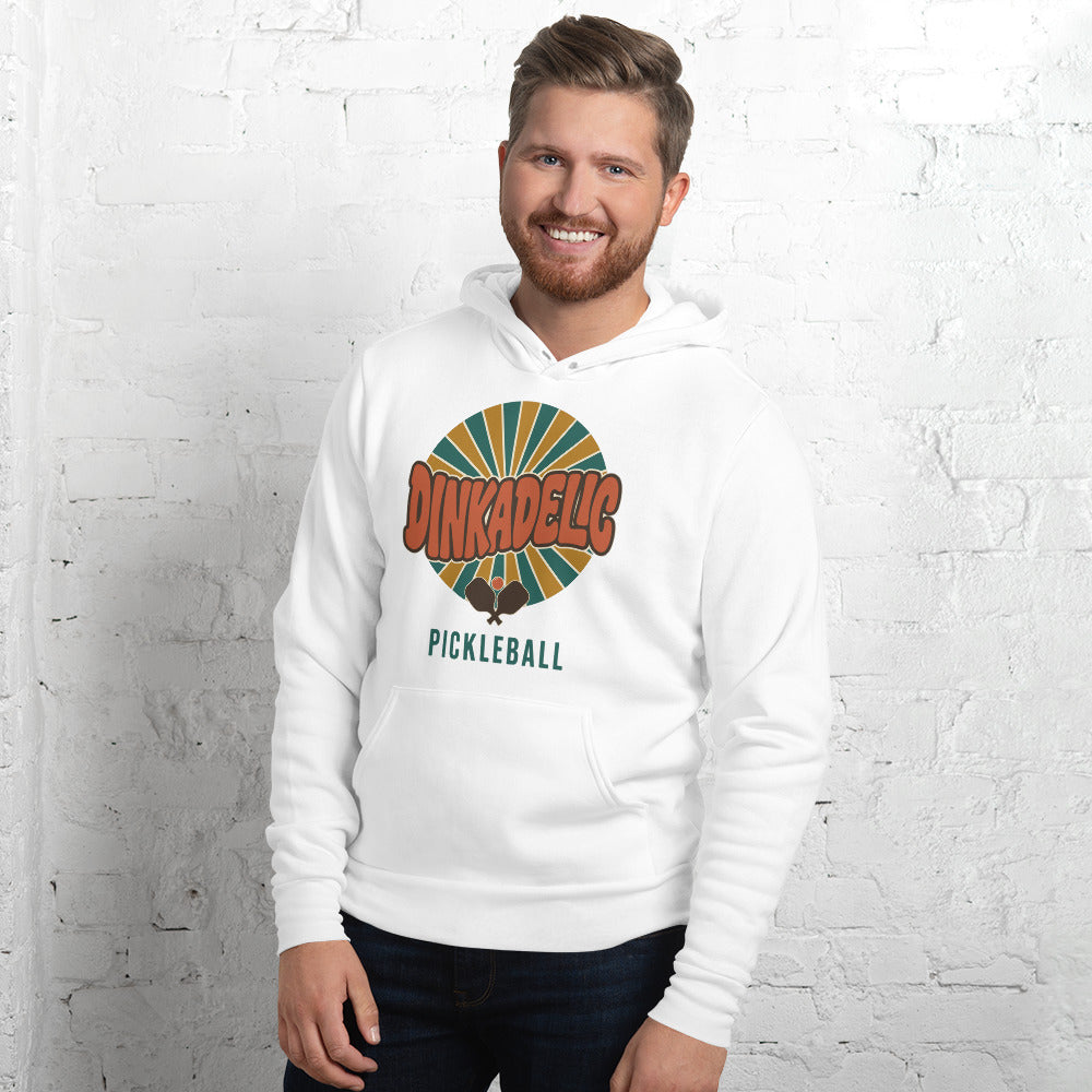Dinkadelic retro 70s pickleball hoodie — White, on model