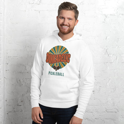 Dinkadelic retro 70s pickleball hoodie — White, on model
