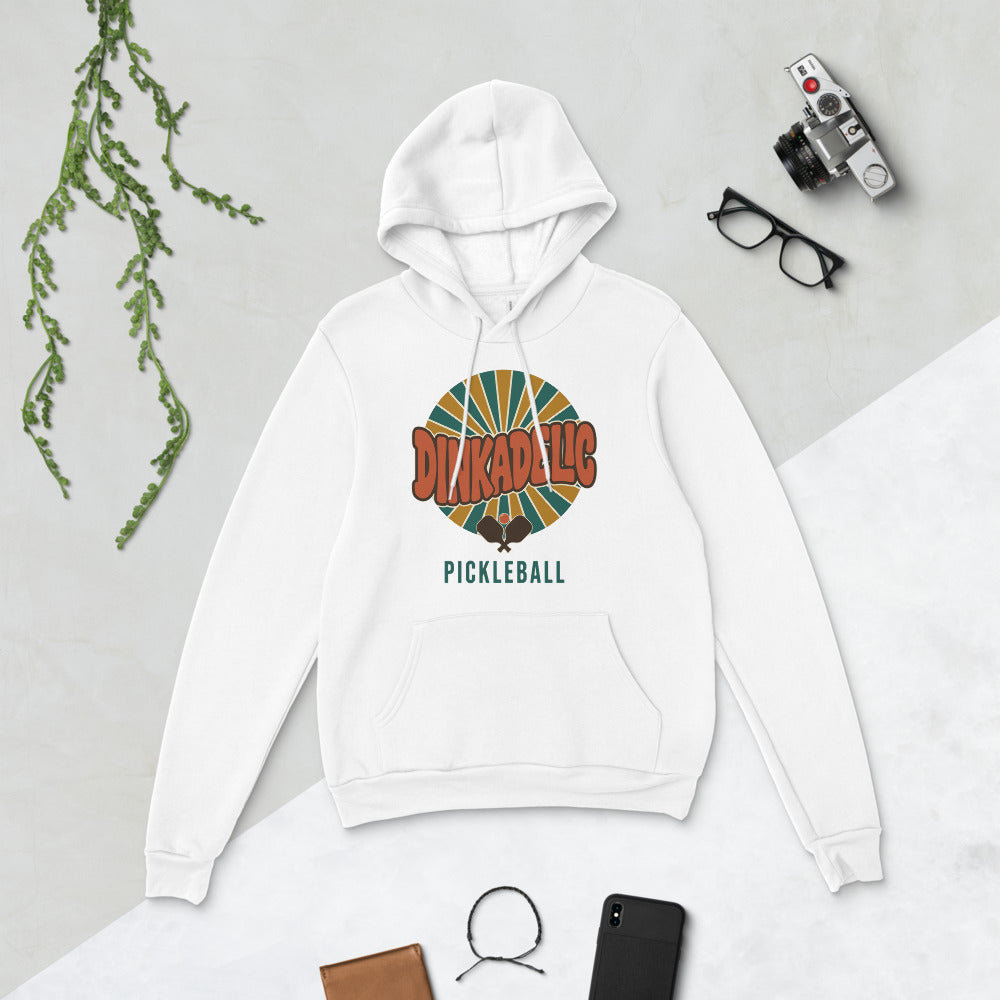 Dinkadelic retro 70s pickleball hoodie — White, flat lay