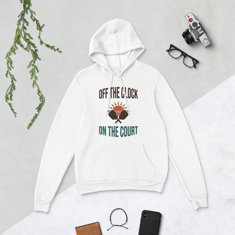 Off The Clock On The Court retro pickleball hoodie — White, flat lay