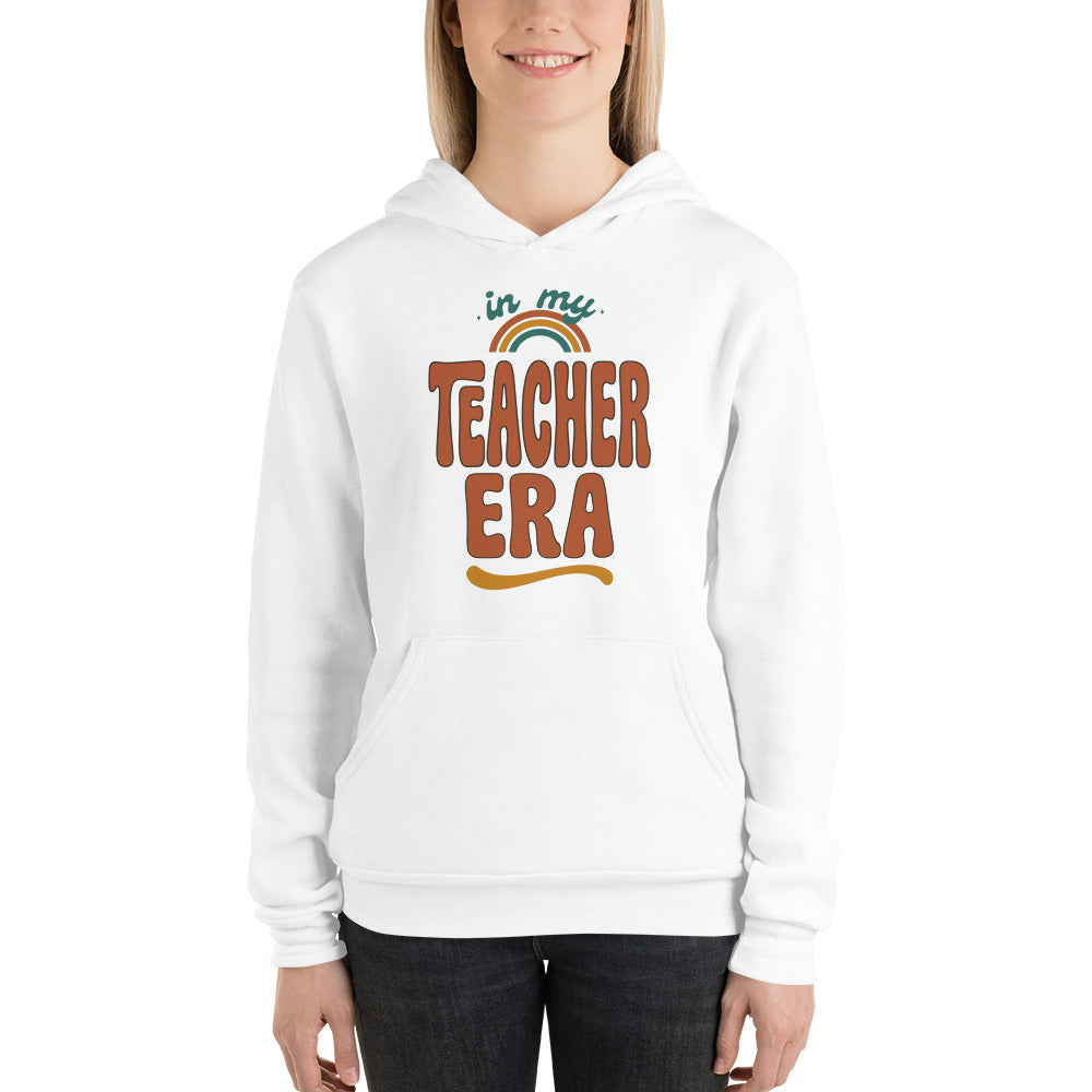 In My Teacher Era retro groovy teacher hoodie — White, on model