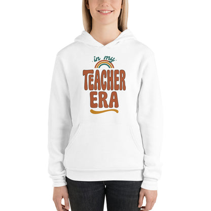 In My Teacher Era retro groovy teacher hoodie — White, on model