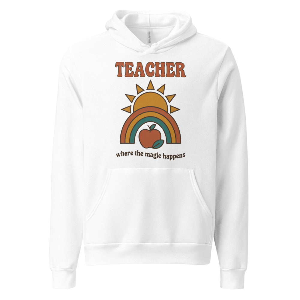Teacher Where The Magic Happens retro groovy teacher hoodie — White, front