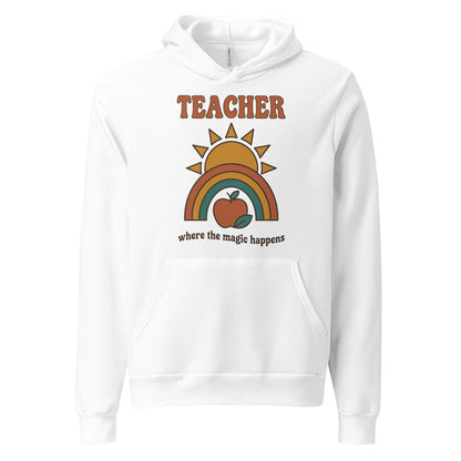 Teacher Where The Magic Happens retro groovy teacher hoodie — White, front