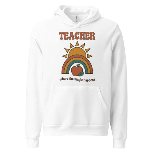 Teacher Where The Magic Happens retro groovy teacher hoodie — White, front