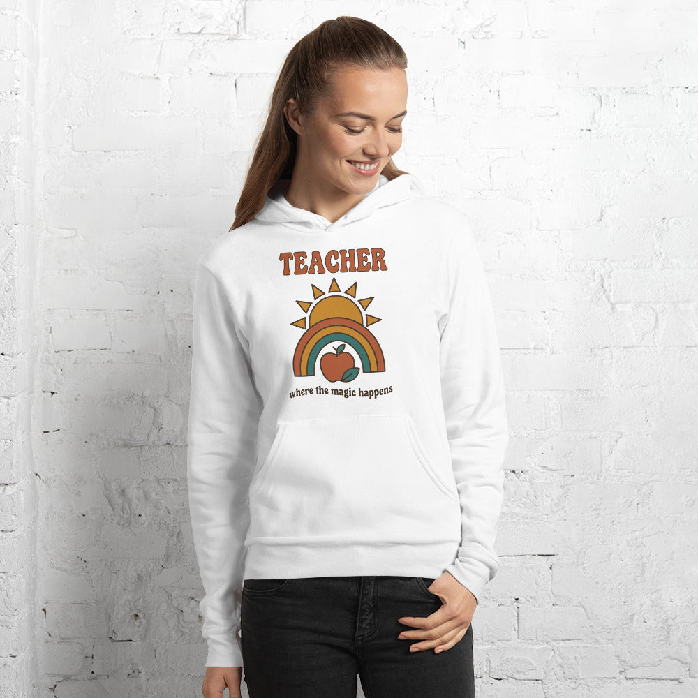 Teacher Where The Magic Happens retro groovy teacher hoodie — White, on model