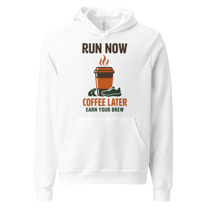 Run Now Coffee Later funny running hoodie — White, front