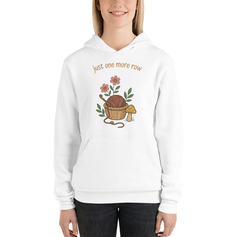 Just One More Row crochet cottagecore hoodie — White, on model
