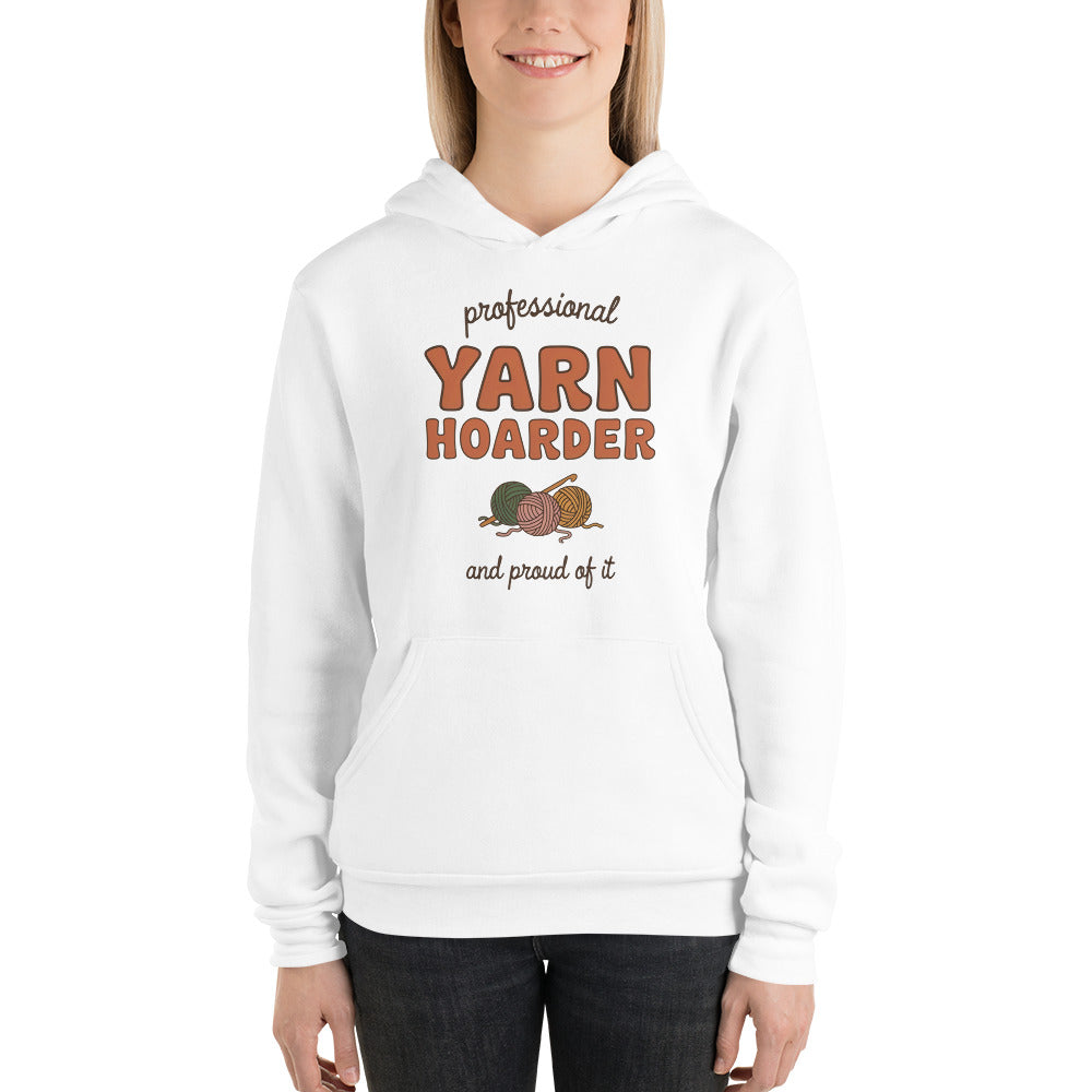 Professional Yarn Hoarder crochet cottagecore hoodie — White, on model