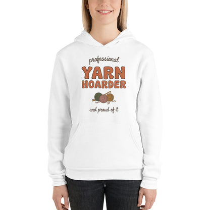 Professional Yarn Hoarder crochet cottagecore hoodie — White, on model