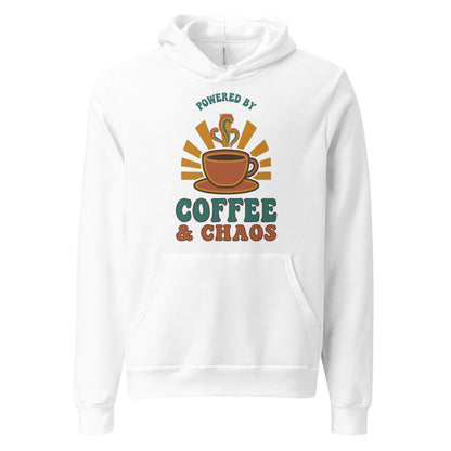 Powered By Coffee And Chaos retro groovy teacher hoodie — White, front
