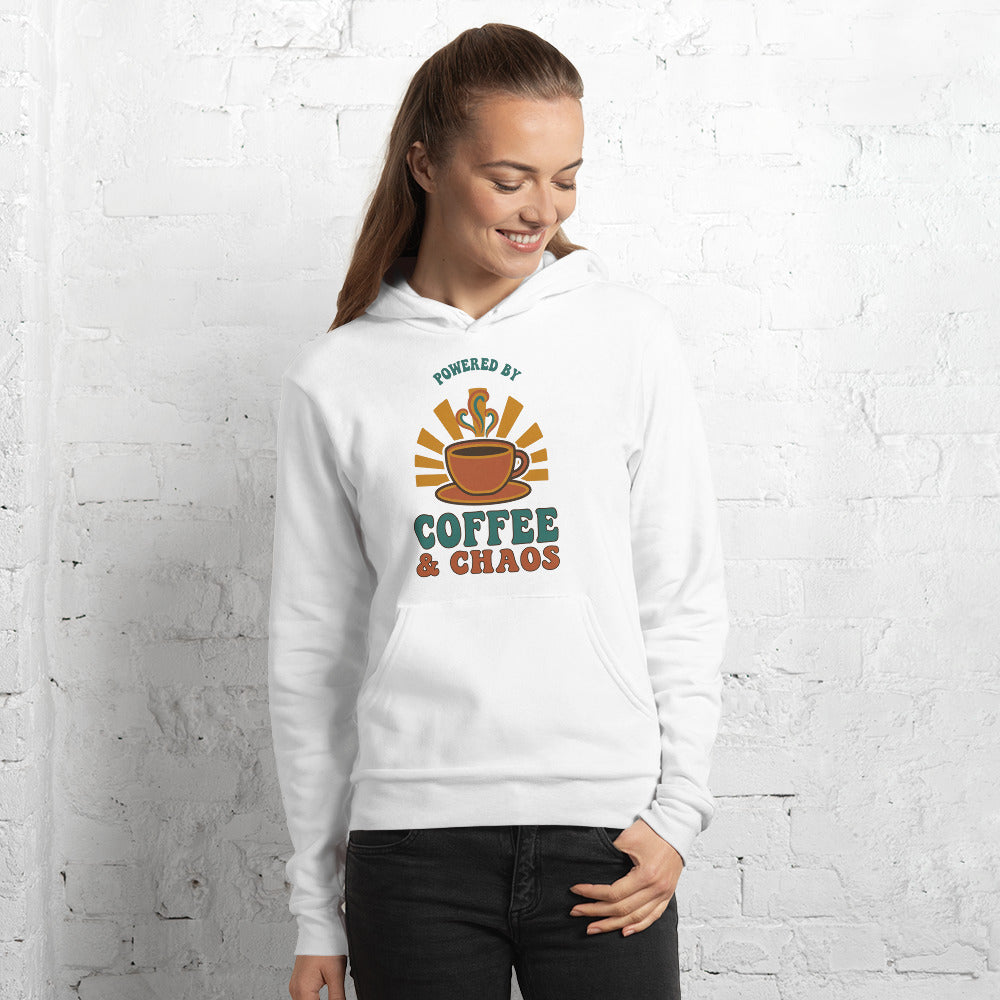 Powered By Coffee And Chaos retro groovy teacher hoodie — White, on model
