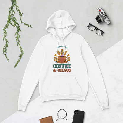 Powered By Coffee And Chaos retro groovy teacher hoodie — White, flat lay