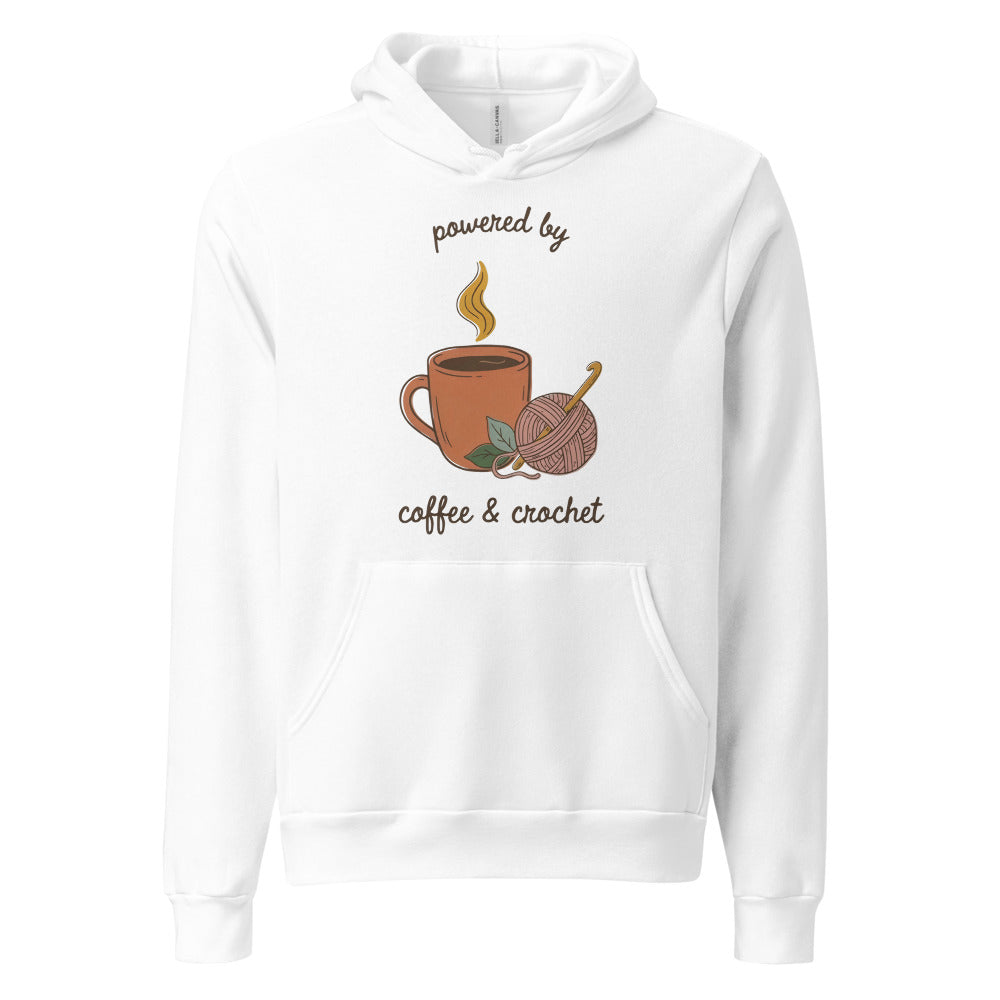 Powered by Coffee and Crochet cottagecore crochet hoodie — White, front