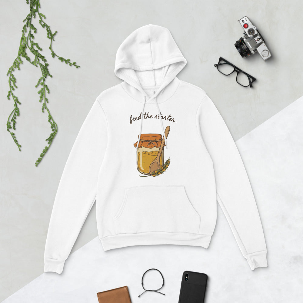 Feed The Starter sourdough baker hoodie — White, flat lay