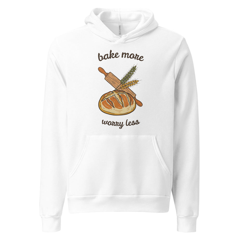 Bake More Worry Less retro kitchen sourdough hoodie — White, front