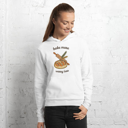 Bake More Worry Less retro kitchen sourdough hoodie — White, on model