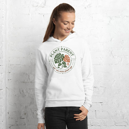 Plant Parent retro botanical badge hoodie — White, on model