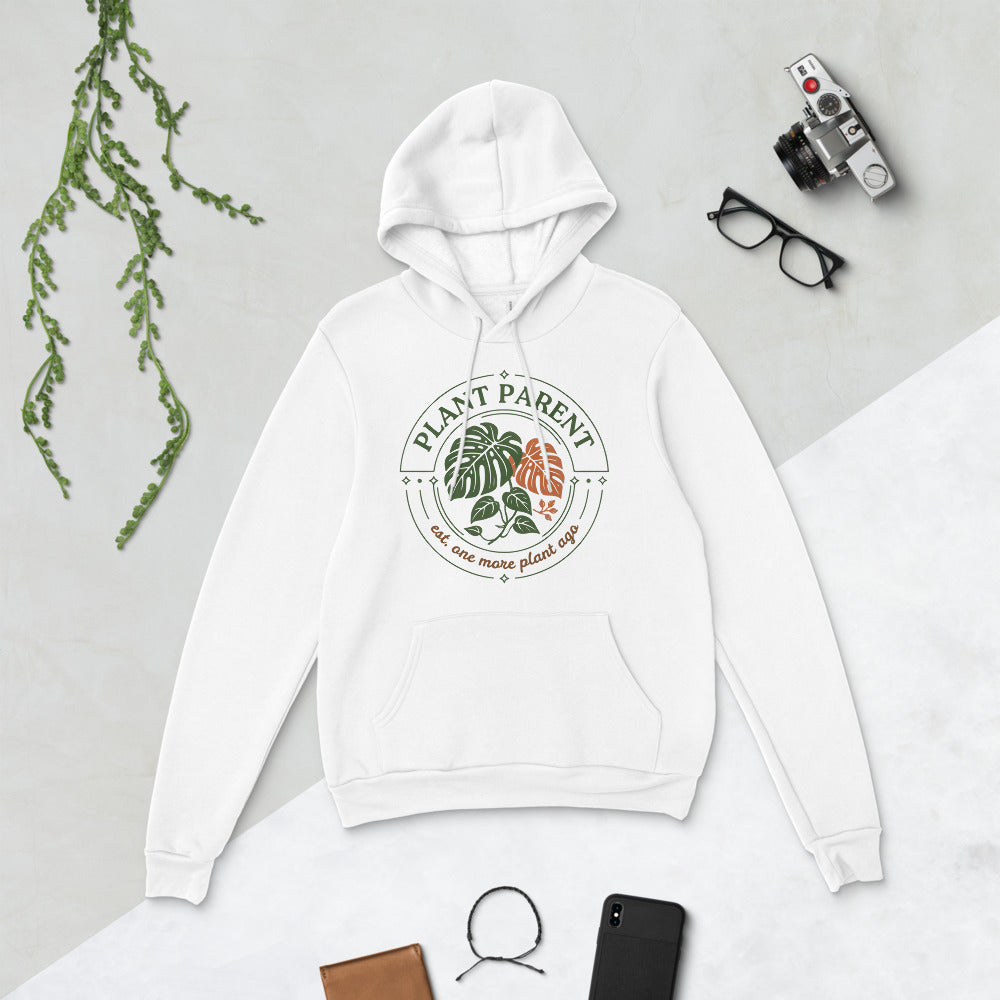 Plant Parent retro botanical badge hoodie — White, flat lay