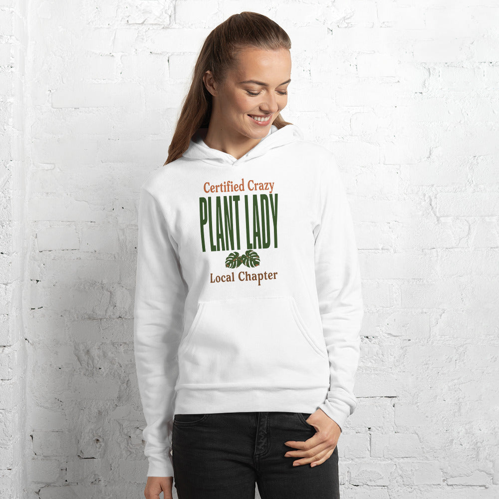 Certified Crazy Plant Lady retro botanical hoodie — White, on model