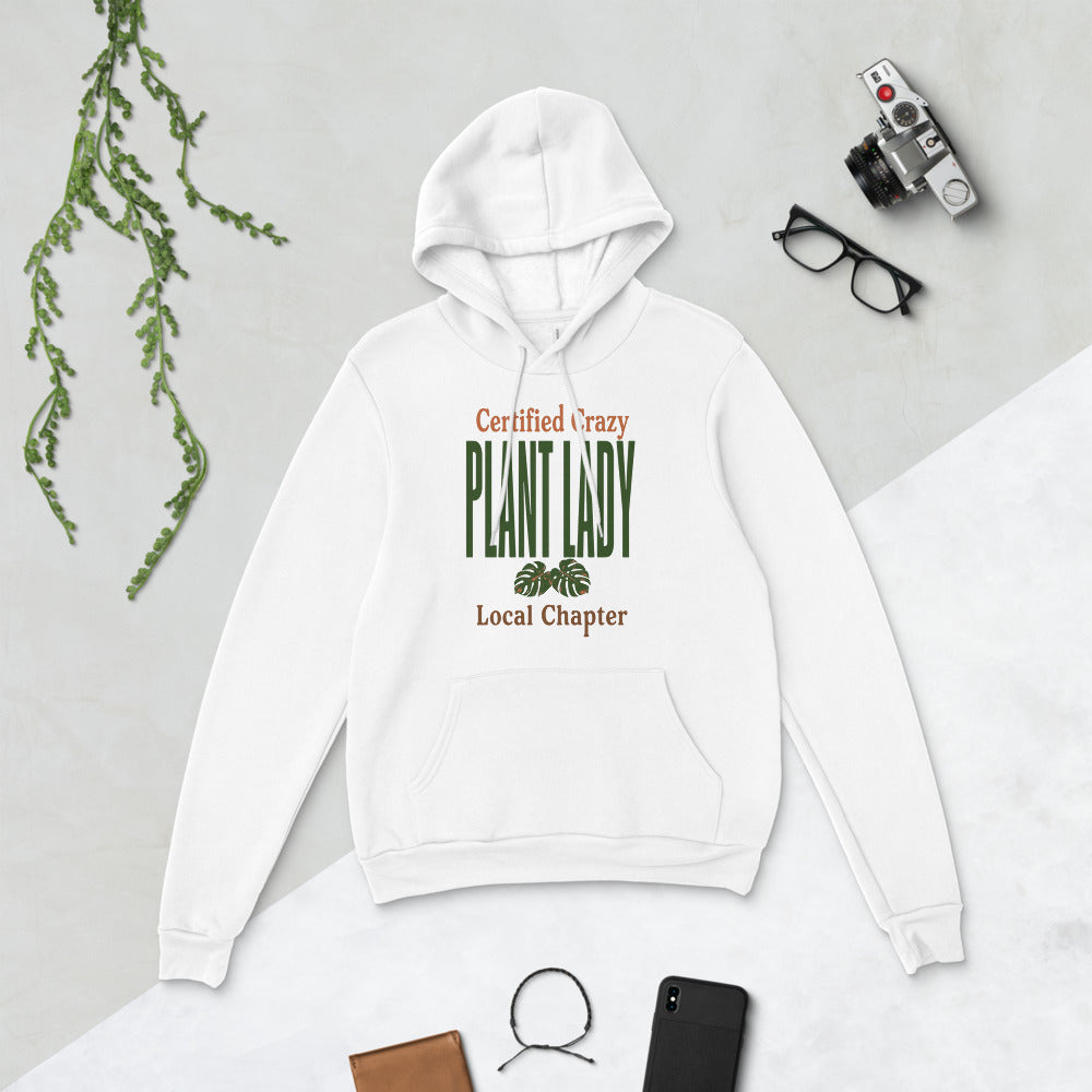 Certified Crazy Plant Lady retro botanical hoodie — White, flat lay