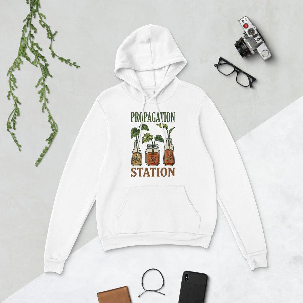 Propagation Station retro botanical plant lover hoodie — White, flat lay