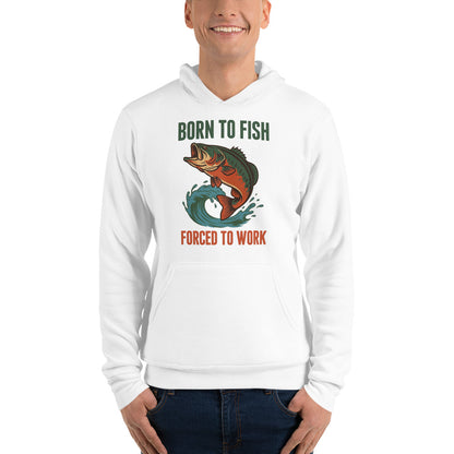 Born to Fish Forced to Work retro fishing humor hoodie — White, on model