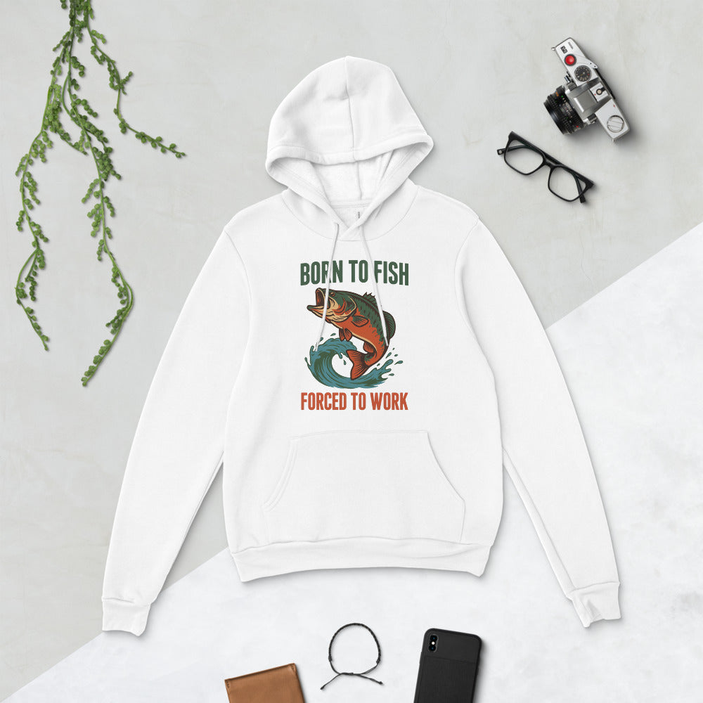 Born to Fish Forced to Work retro fishing humor hoodie — White, flat lay
