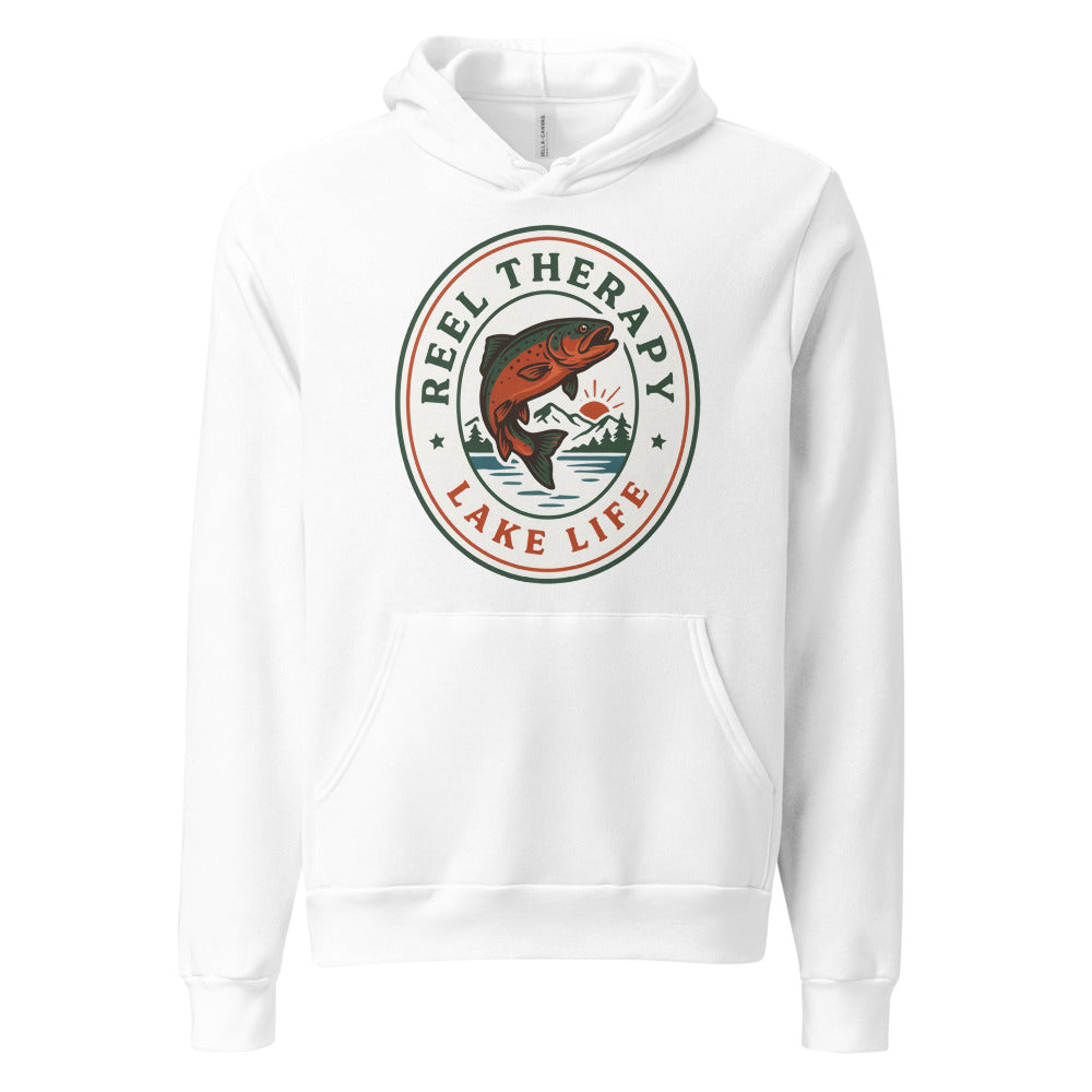 Reel Therapy retro national-park trout badge fishing hoodie — White, front