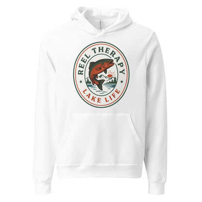 Reel Therapy retro national-park trout badge fishing hoodie — White, front
