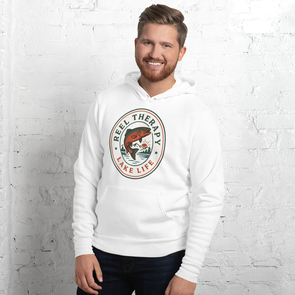 Reel Therapy retro national-park trout badge fishing hoodie — White, on model