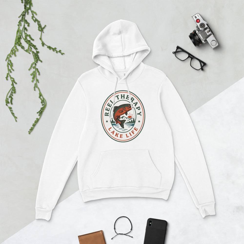 Reel Therapy retro national-park trout badge fishing hoodie — White, flat lay