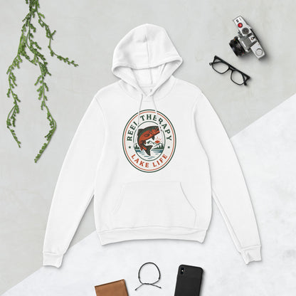 Reel Therapy retro national-park trout badge fishing hoodie — White, flat lay