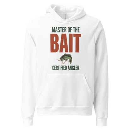 Master of the Bait retro fishing humor typography hoodie — White, front