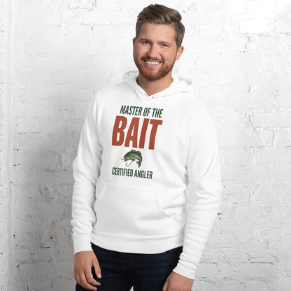 Master of the Bait retro fishing humor typography hoodie — White, on model