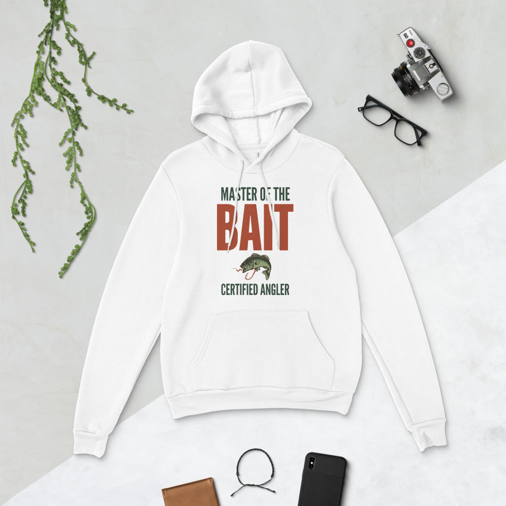 Master of the Bait retro fishing humor typography hoodie — White, flat lay