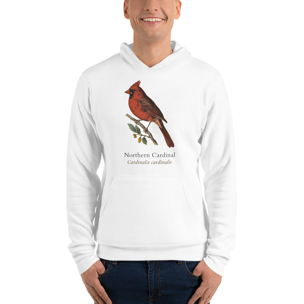Northern Cardinal vintage field-guide hoodie — White, on model