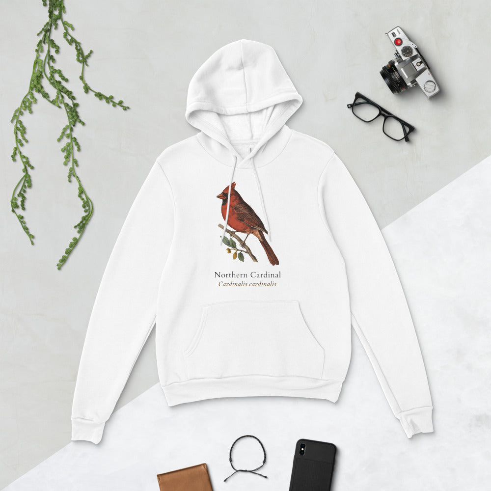 Northern Cardinal vintage field-guide hoodie — White, flat lay