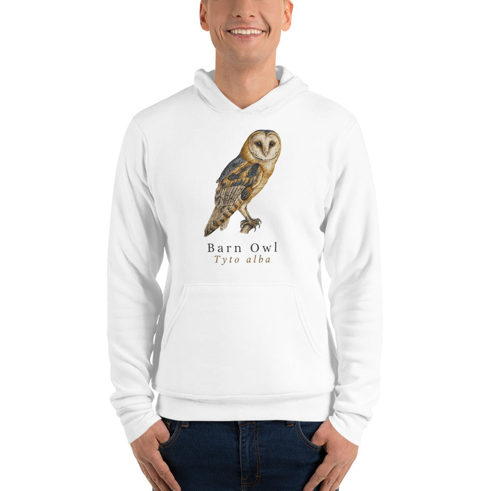 Barn Owl vintage field-guide hoodie — White, on model