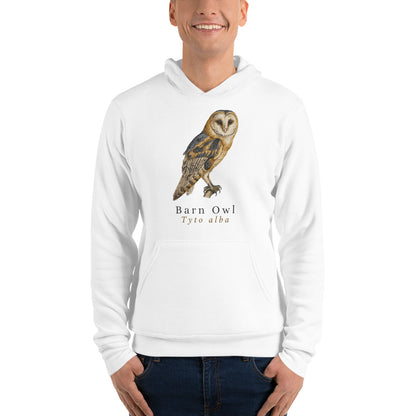 Barn Owl vintage field-guide hoodie — White, on model