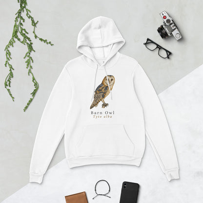 Barn Owl vintage field-guide hoodie — White, flat lay