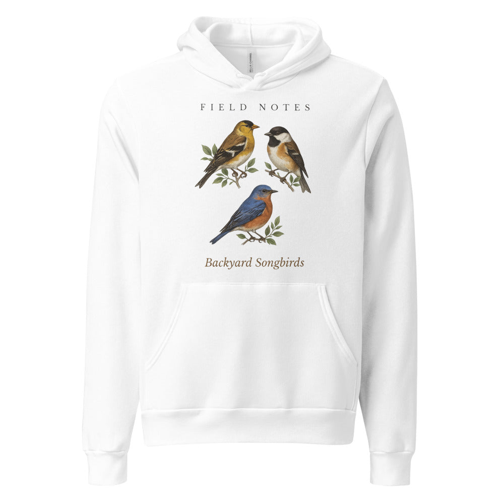 Backyard Songbirds vintage field-guide hoodie — White, front