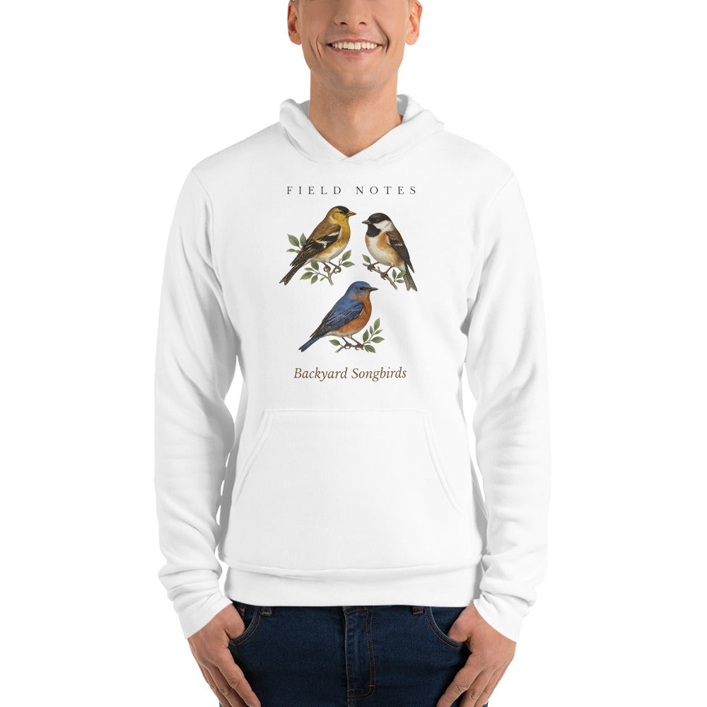 Backyard Songbirds vintage field-guide hoodie — White, on model