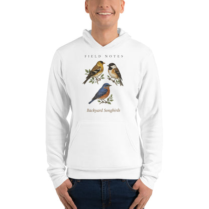 Backyard Songbirds vintage field-guide hoodie — White, on model