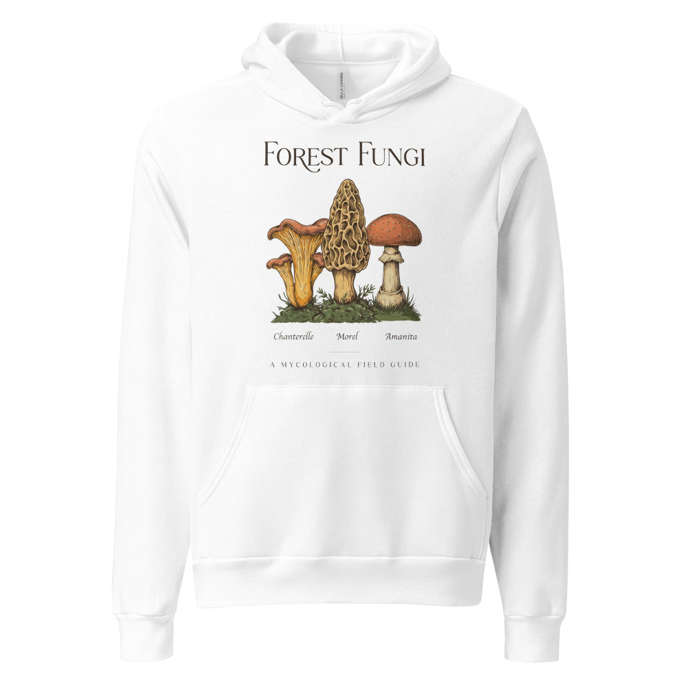Forest Fungi vintage mushroom field guide hoodie — White, front