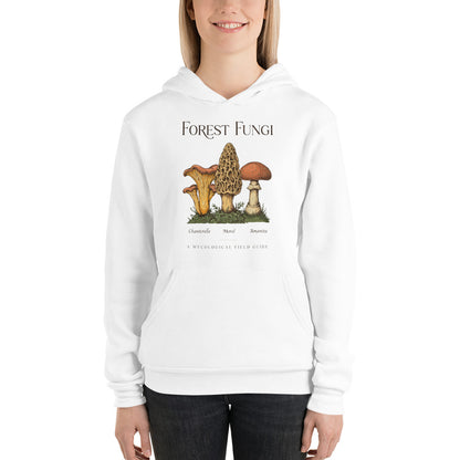 Forest Fungi vintage mushroom field guide hoodie — White, on model